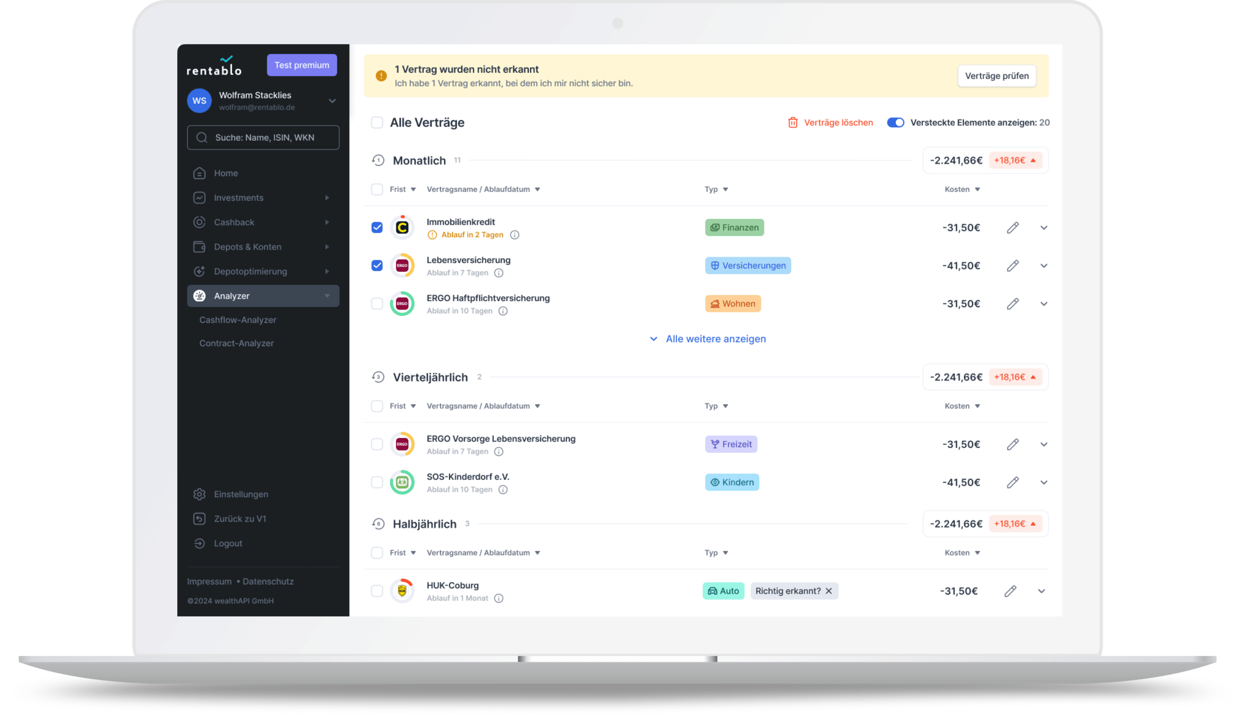 Contract-Analyzer – Vertragsübersicht im rentablo-Dashboard